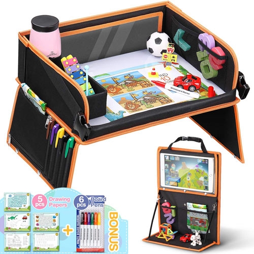 Dual-Use Premium Kids Travel Tray, Car Seat Back Organizer with Tablet Holder Car Seat Table Upgrade Transparent Dry Erase Top Car Seat Activity Tray Bonus Educational Drawing for Car Stroller Plane